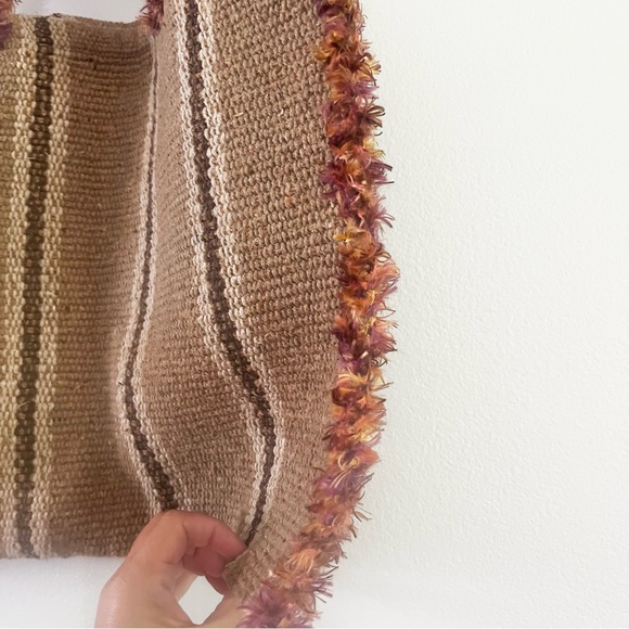 Unique Handmade Carpet Bag Tote Striped Brown w Pink Yellow Accents Read Notes - Picture 3 of 8